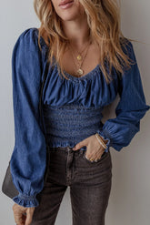 Smocked Long Sleeve Denim Top Medium OutfitFlow